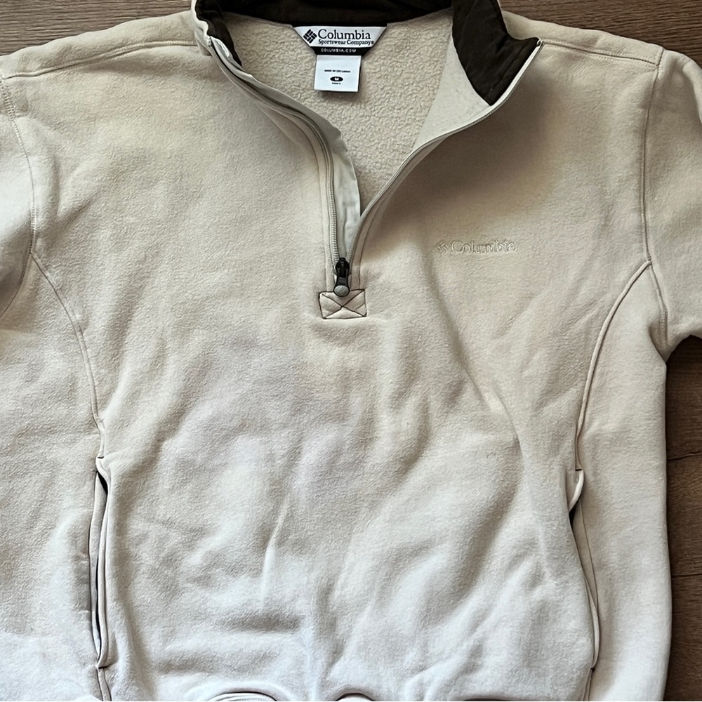 Columbia Mens 1/4 zip pull over fleece inside beige cotton blend size M - Picture 3 of 7